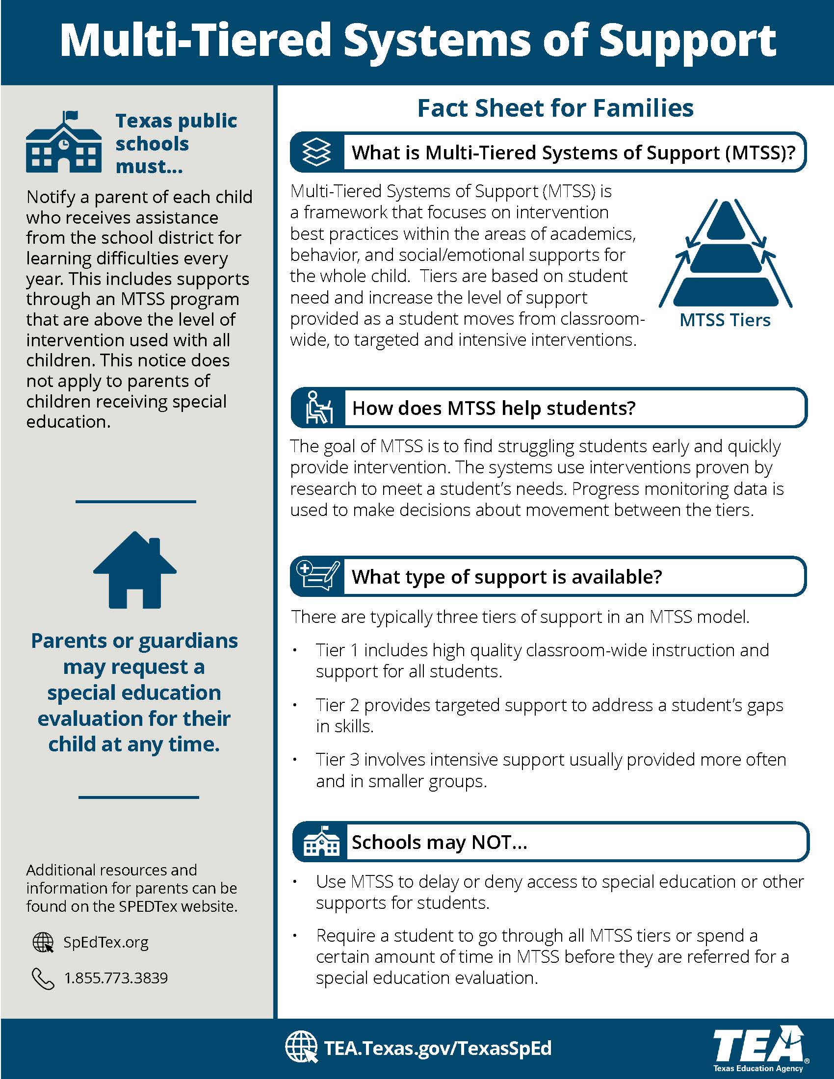 An informational fact sheet titled Multi-Tiered Systems of Support, detailing framework goals, tiers of intervention, and parental rights.